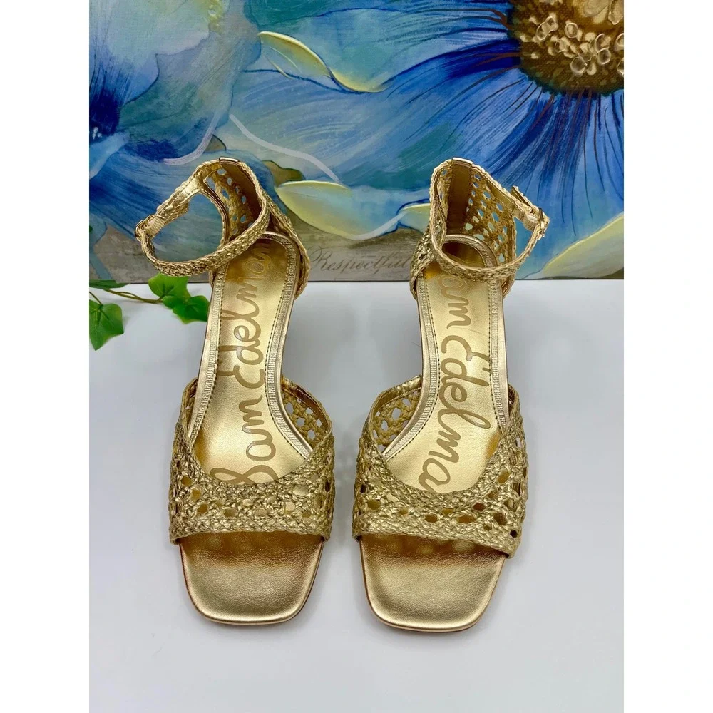 New Sam Edelman Gold Woven Kitten Heels Metallic Strappy Square Toe Sandals 8.5
